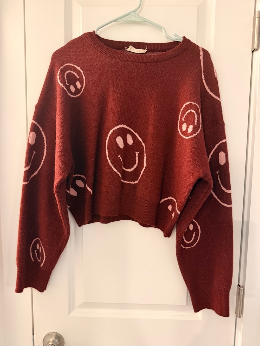 Cropped Rust Red Smiley Crewneck Sweater